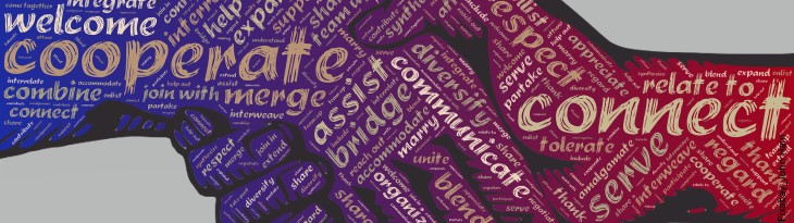 gezeichnetes Händeschütteln gefüllt mir Wörtern wie cooperate und connect